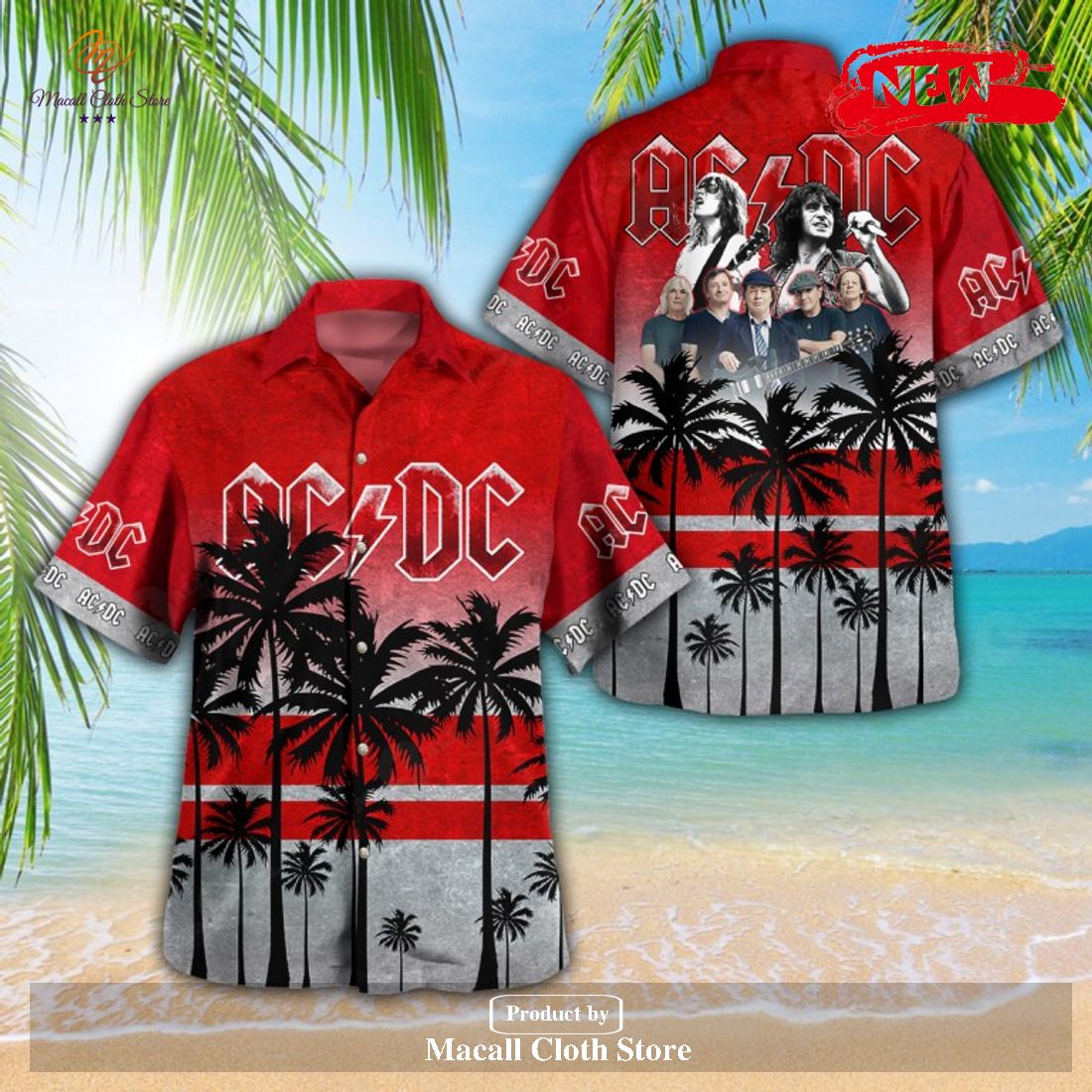 [NEW] AC DC Rock Band Tropical Coconut Tree Hot Summer Red Hawaiian Shirt and Short