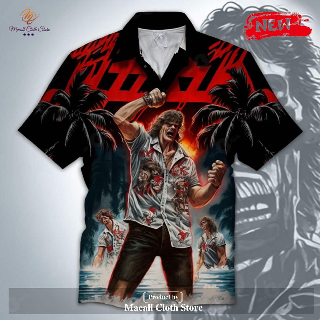 [NEW] ACDC Rock Band Beach Coconut Tree Button Hawaiian Shirt and Short