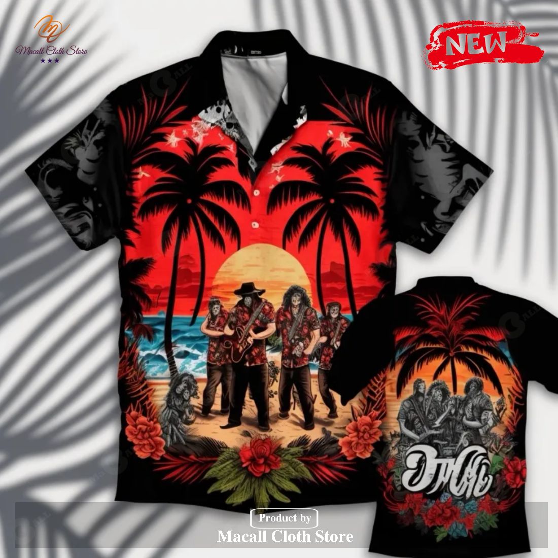 [NEW] ACDC Rock Band Coconut Tree Sunset Button Hawaiian Shirt and Short