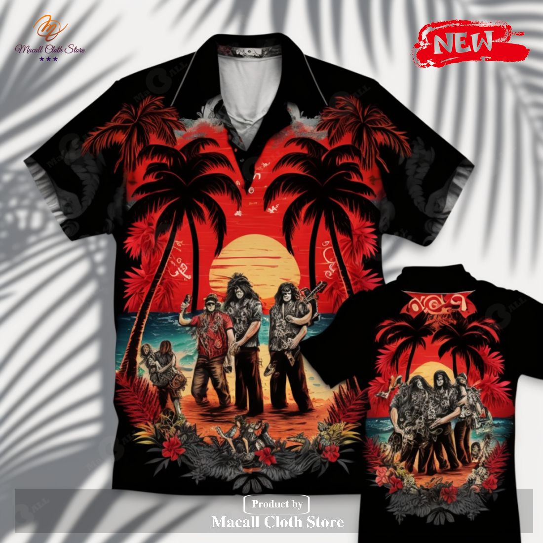 [NEW] ACDC Rock Band Coconut Tree Sunset Hot Summer Button Hawaiian Shirt and Short