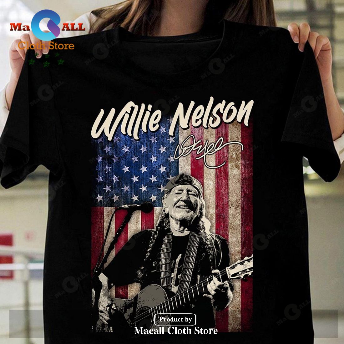 Willie Nelson American Flag Signature Unisex Classic T-Shirt Hoodie Sweatshirt