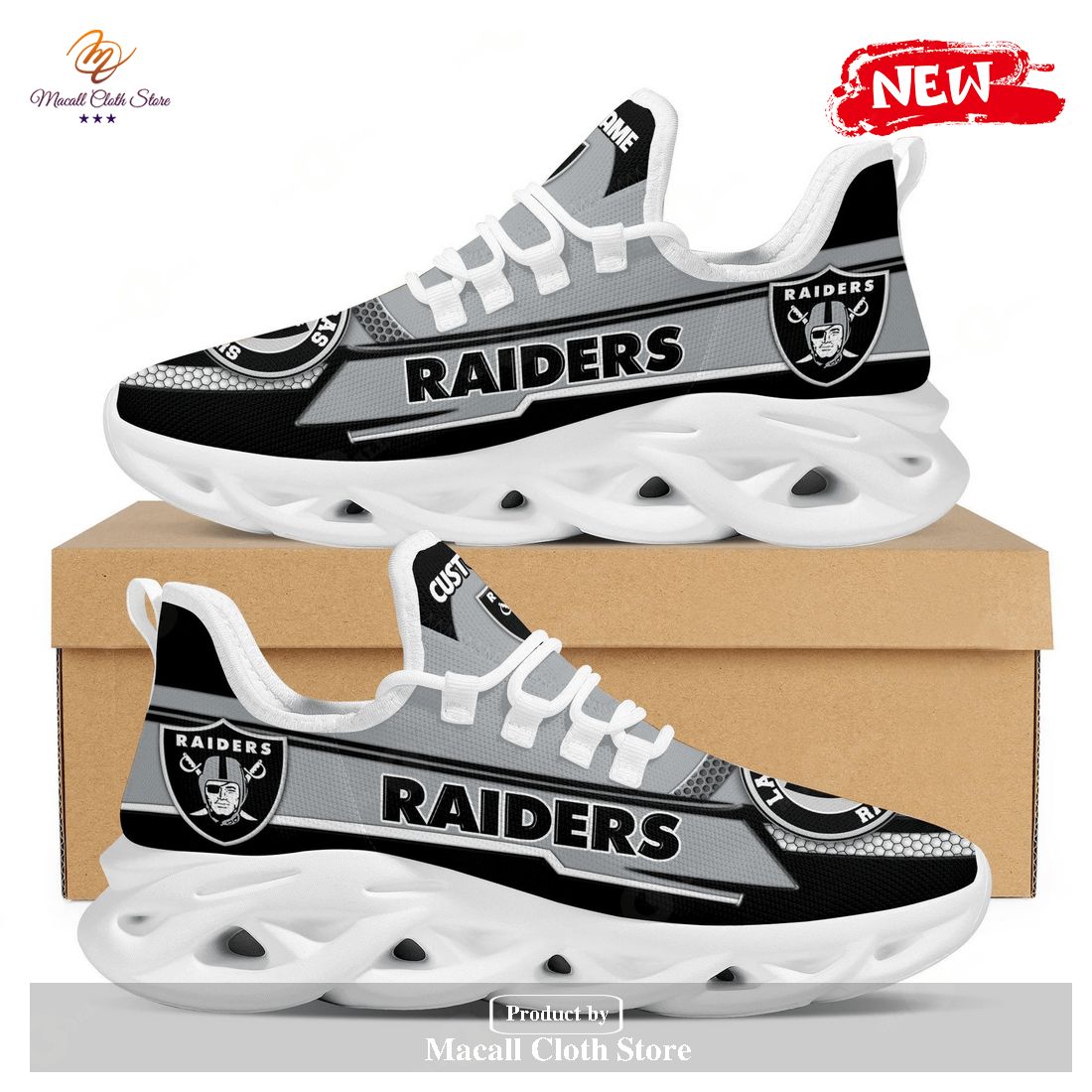 Personalized Name Las Vegas RaidersFootball Team Symbol Geometric Pattern 3D All Over Print For Men And Women Max Soul Sneaker Shoes