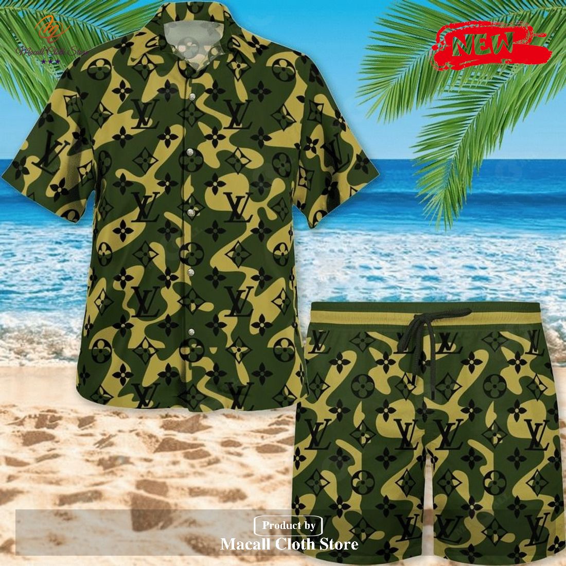 LV Camouflage LV Hawaii Shirt Shorts Set Luxury Beach Clothing Clothes Outfit For Men