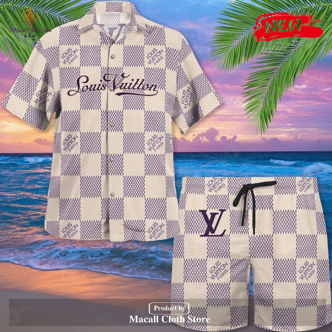 LV Blue Hawaii Shirt Shorts Set Luxury Beach Clothing Clothes