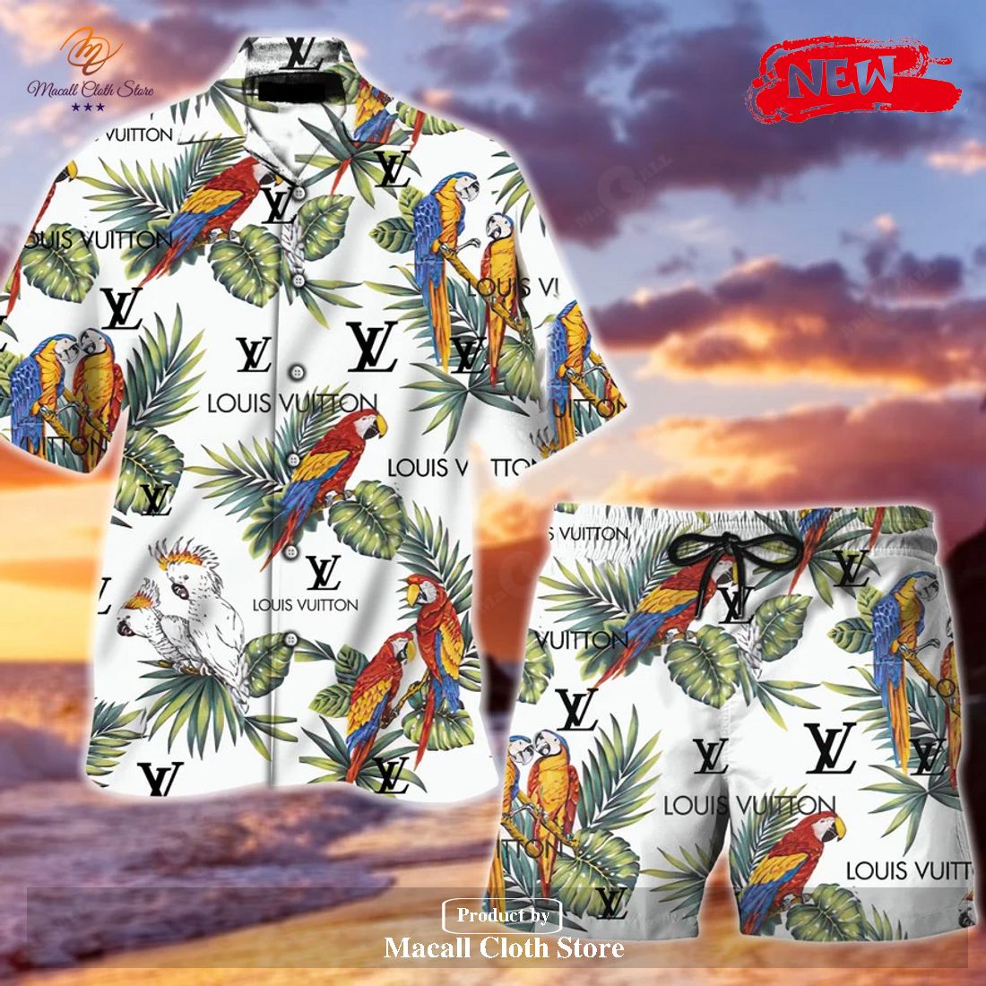 LV Parrot Hawaii Shirt Shorts Set LV Luxury Clothing Clothes