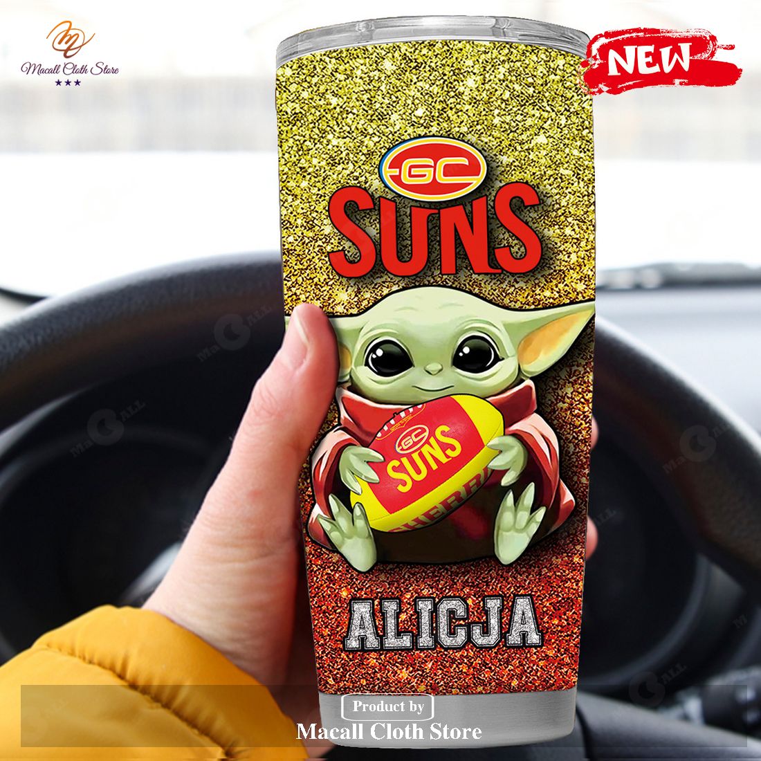 Personalized AFL Gold Coast Sun Baby Yoda Gift For Yoda Fans Tumbler