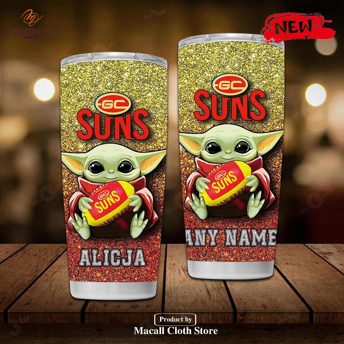 Personalized AFL Gold Coast Sun Baby Yoda Gift For Yoda Fans Tumbler