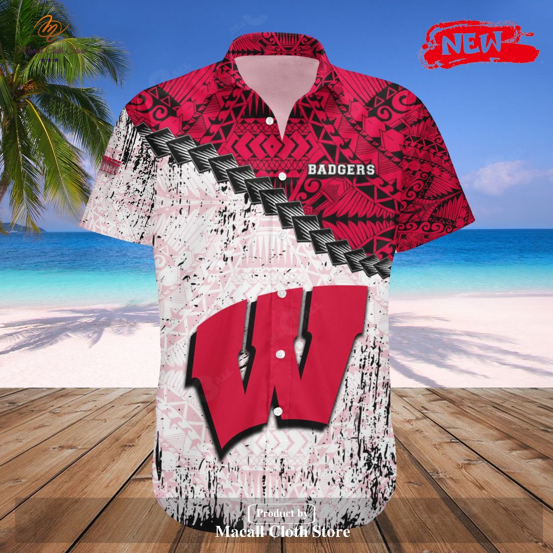Wisconsin Badgers NCAA Grunge Polynesian Tattoo Hawaiian Shirt and Shorts Wisconsin Badgers NCAA Grunge Polynesian Tattoo Hawaiian Shirt and Shorts