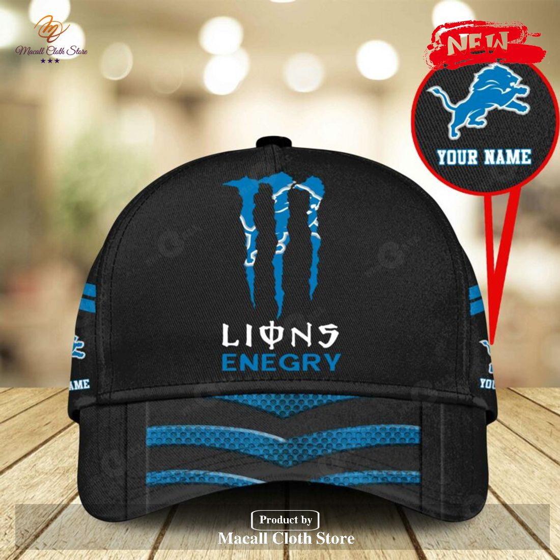 Personalized Name NFL Detroit Lions Enegry Black Design Classic Cap