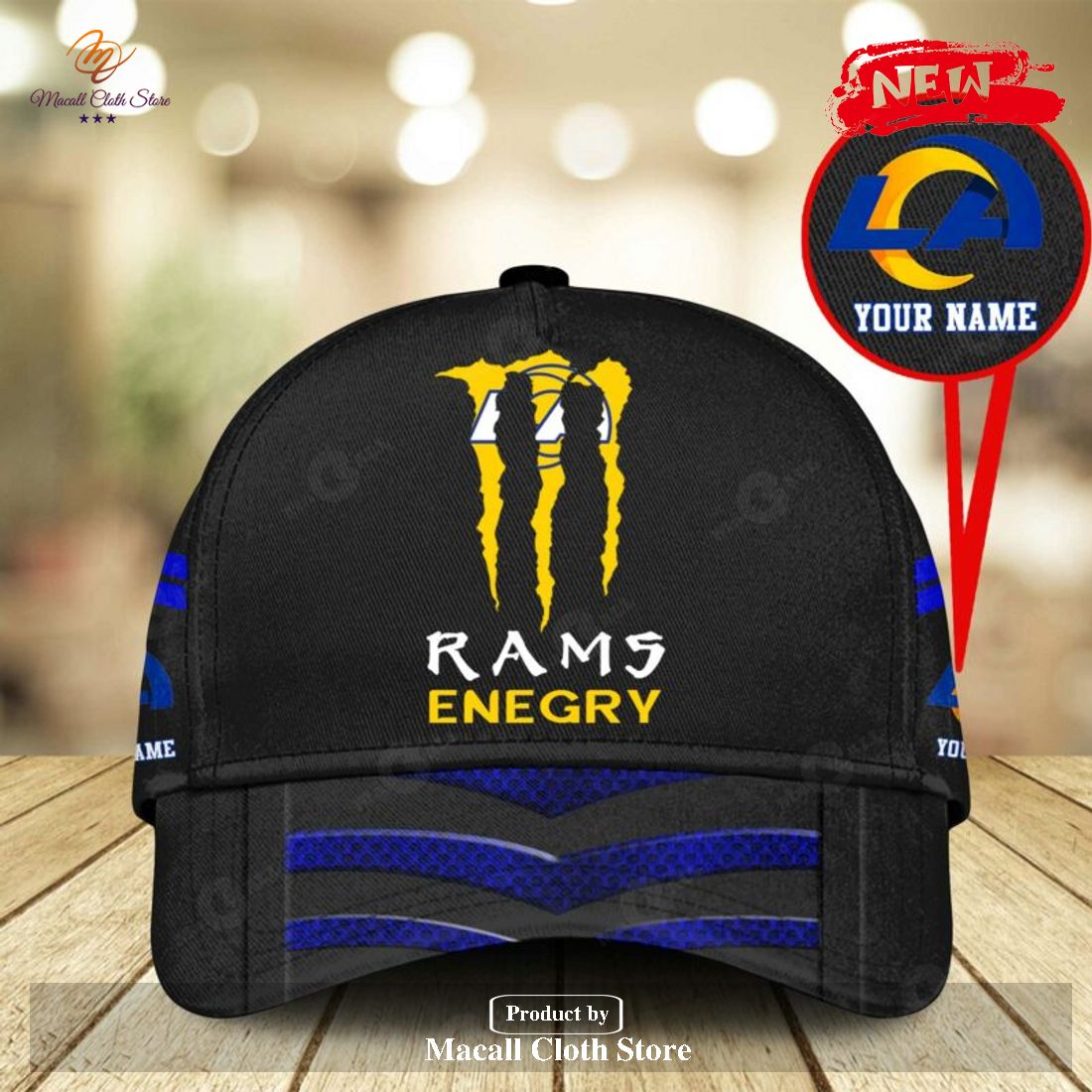 Personalized Name NFL Los Angeles Rams Enegry Black Design Classic Cap