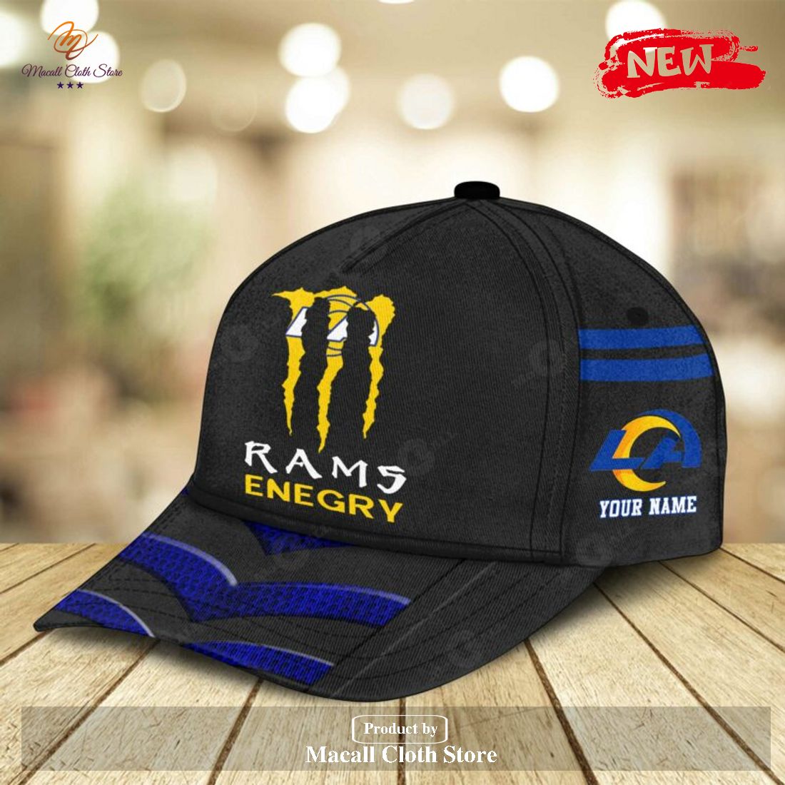 Personalized Name NFL Los Angeles Rams Enegry Black Design Classic Cap