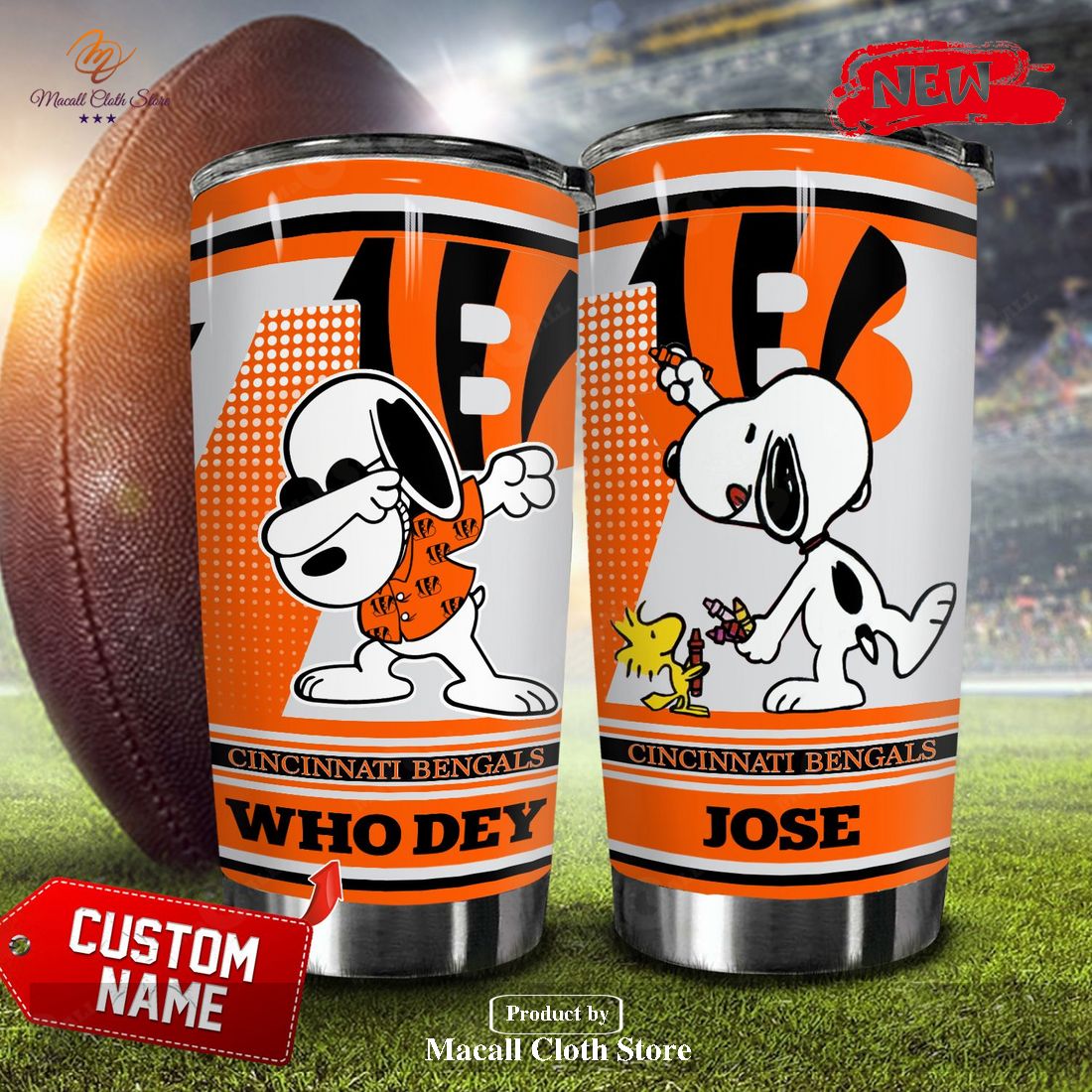 Personalized Name NFL Who Dey Cincinnati Bengals Snoopy Football Teams Big Logo Tumbler