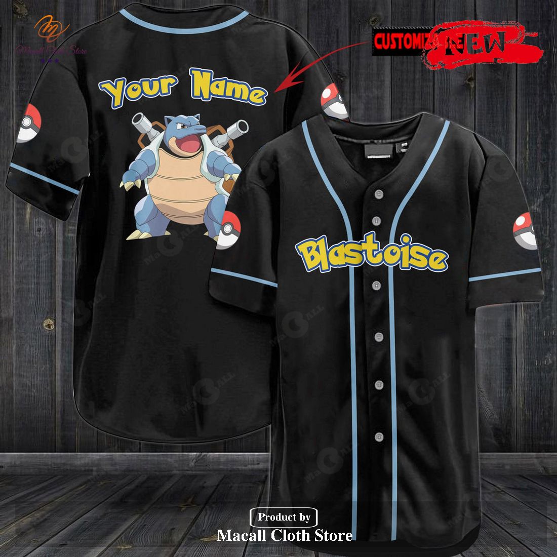 Personalized Blastoise Pokemon Black Design Baseball Jersey