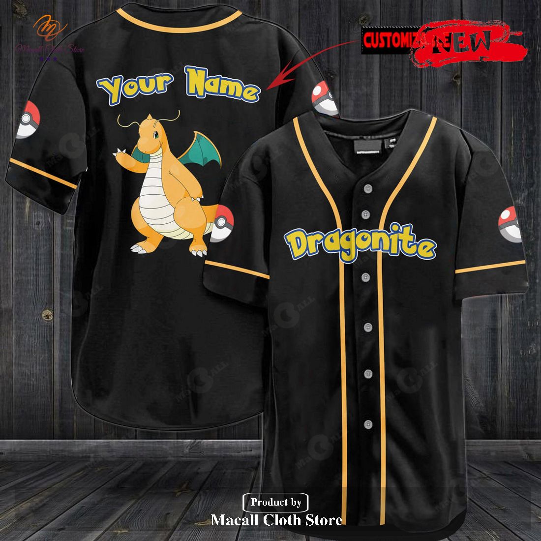 Personalized Dragonite Pokemon Black Baseball Jersey