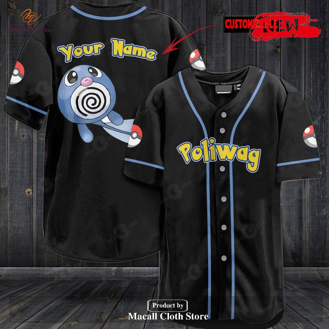 Personalized Poliwag Pokemon Black Design Baseball Jersey
