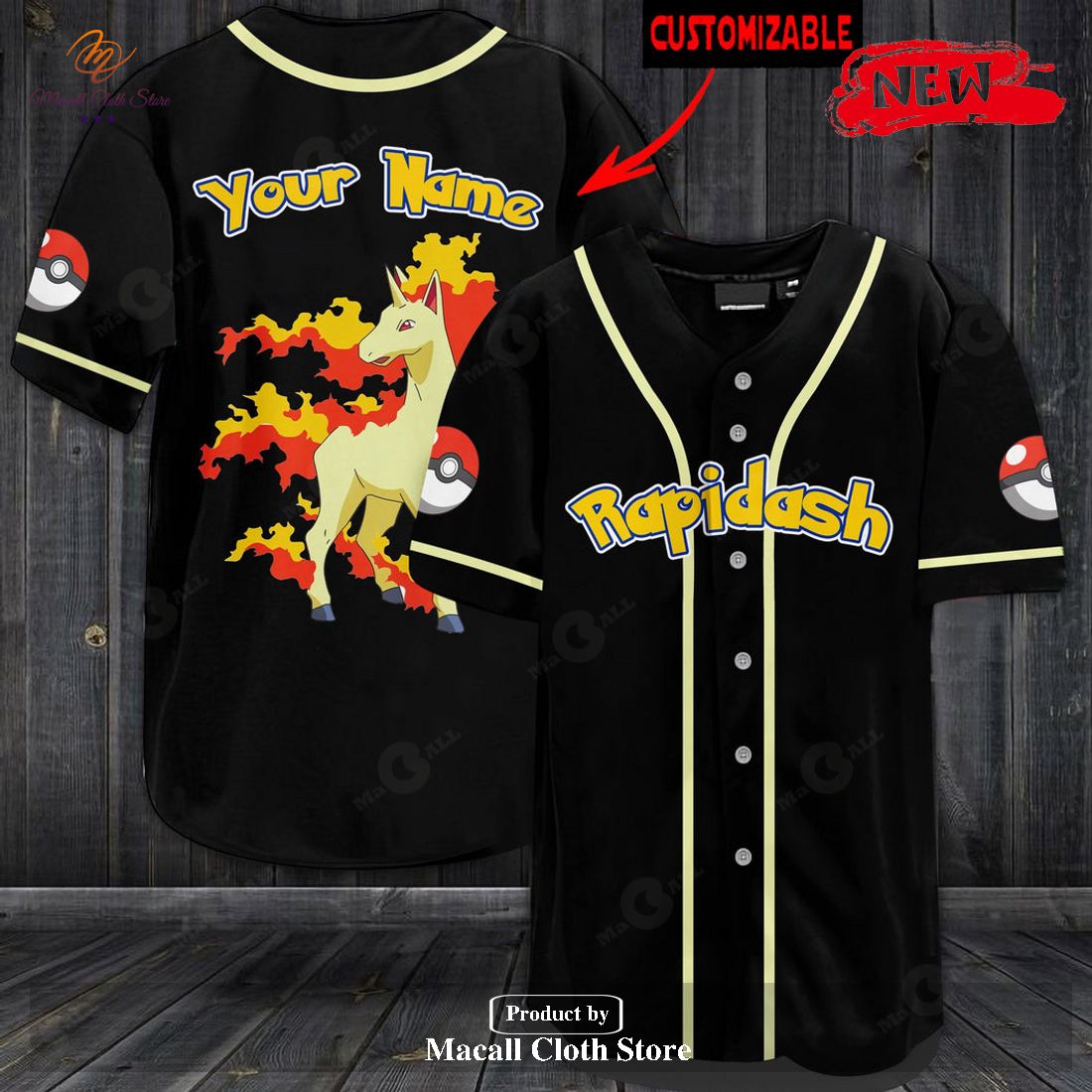 Personalized Rapidash Pokemon Black Design Baseball Jersey