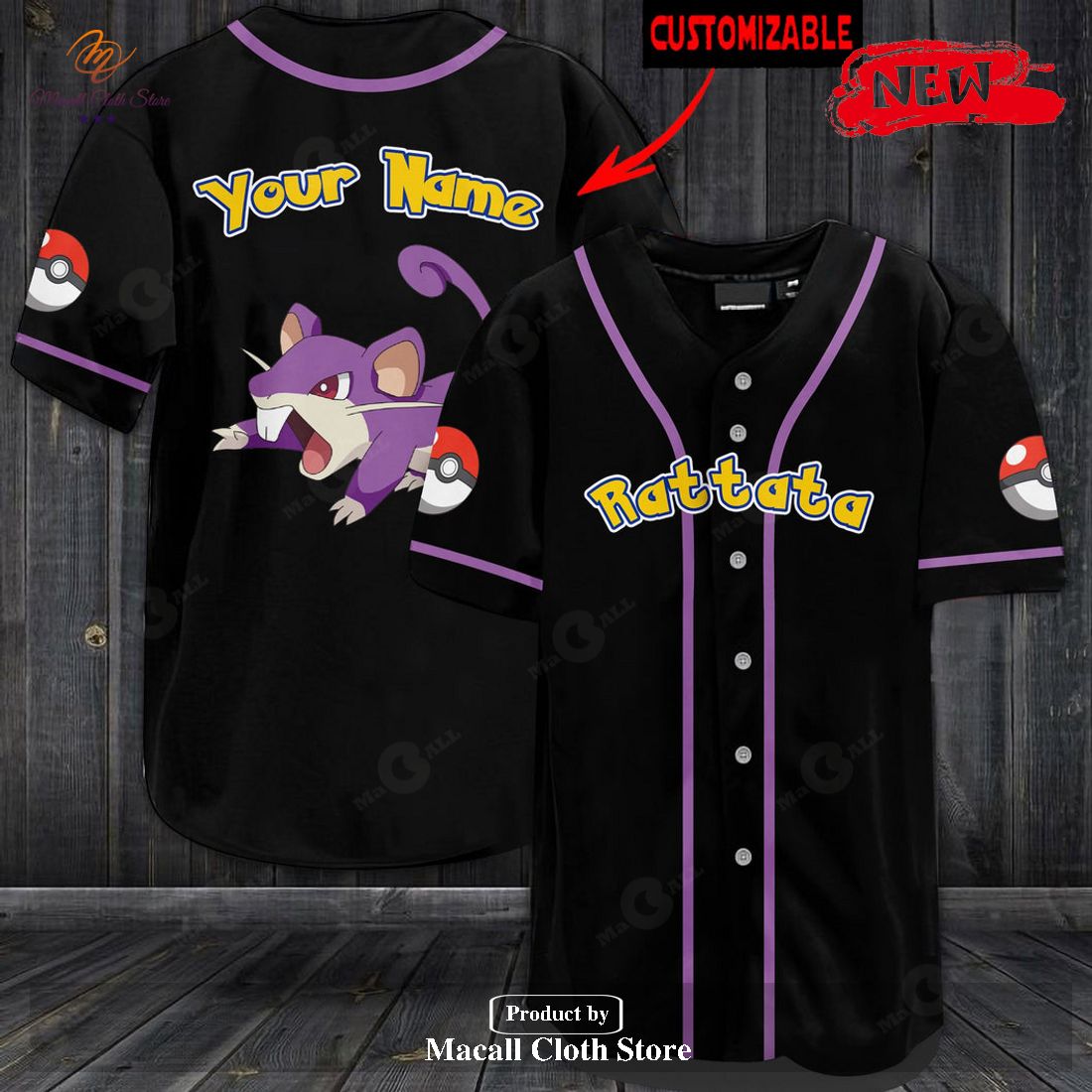 Personalized Rattata Pokemon Black Design Baseball Jersey