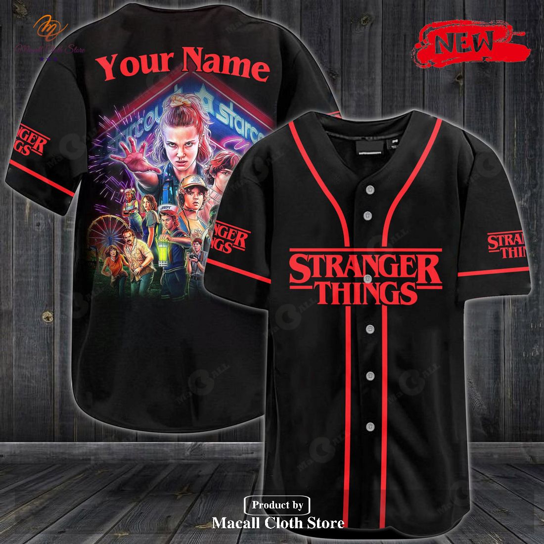 Personalized Stranger Things Characters All Over Print Black Design Baseball Jersey