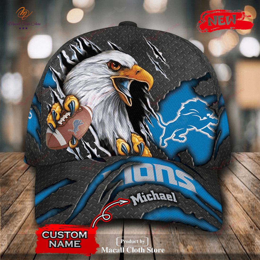 Personalized Name Detroit Lions NFL Eagles Rugby Design Classic Cap