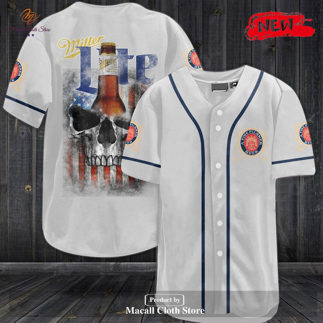 Miller Lite Skull Usa Flag All Over Print Unisex Black Baseball Jersey