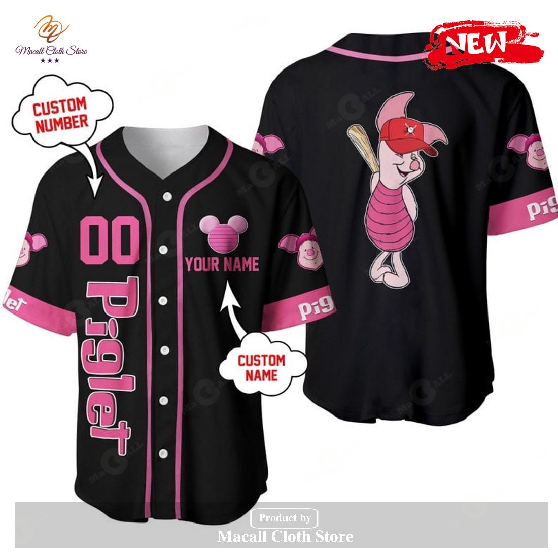 Personalized Piglet Winnie The Pooh Playing Baseball All Over Print Black Baseball Jersey