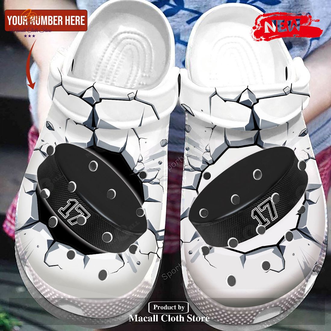 Personalized Number Black – White Ice Hockey Puck Break The Goal Crocs Classic Clog Shoes