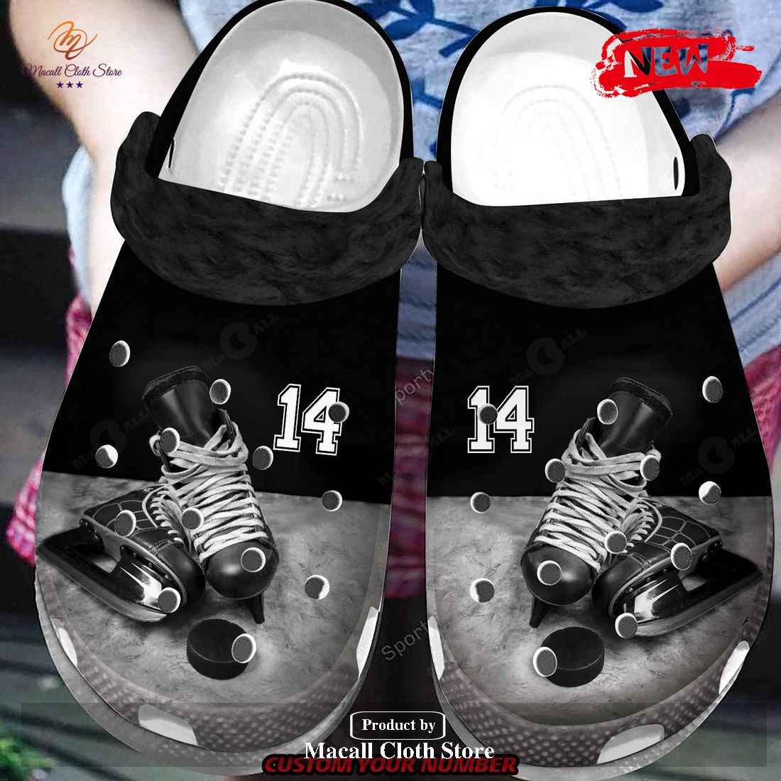 Personalized Number Cool Black Ice Hockey Skates Crocs Classic Clog Shoes