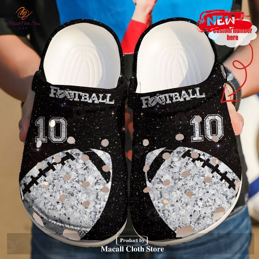 Personalized Number Football Ball Diamond Crocs Clog Shoes