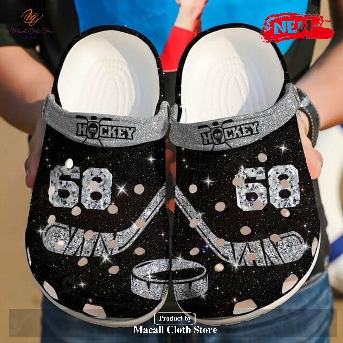 Personalized Number Glowing Black Ice Hockey Crocs Classic Clog Shoes