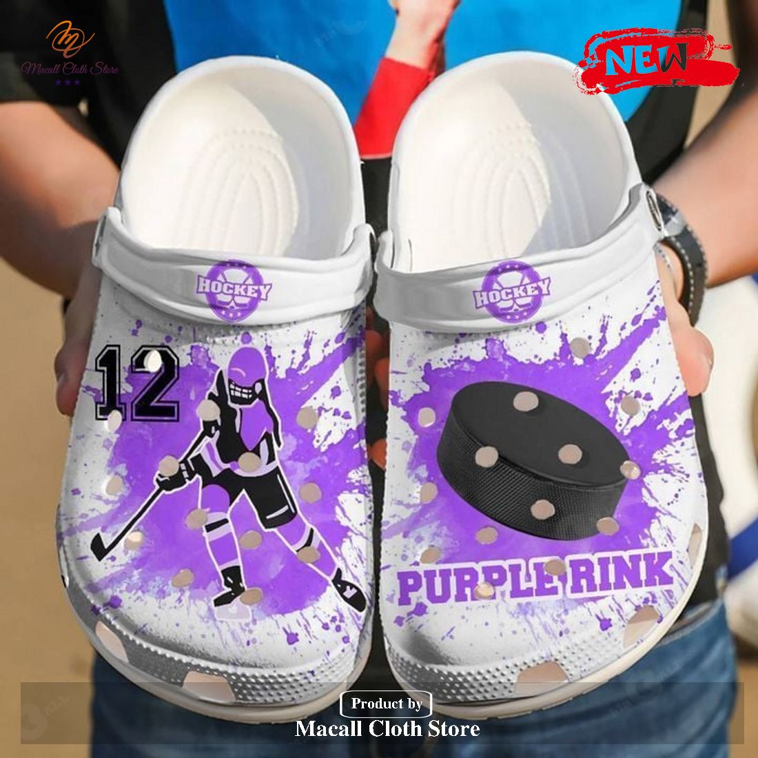 Personalized Number Purple Rink Ice Hockey Girl Player Crocs Classic Clog Shoes