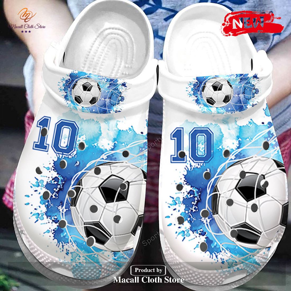 Personalized Number Soccer Goal Blue White Watercolor Crocs Classic Clog Shoes