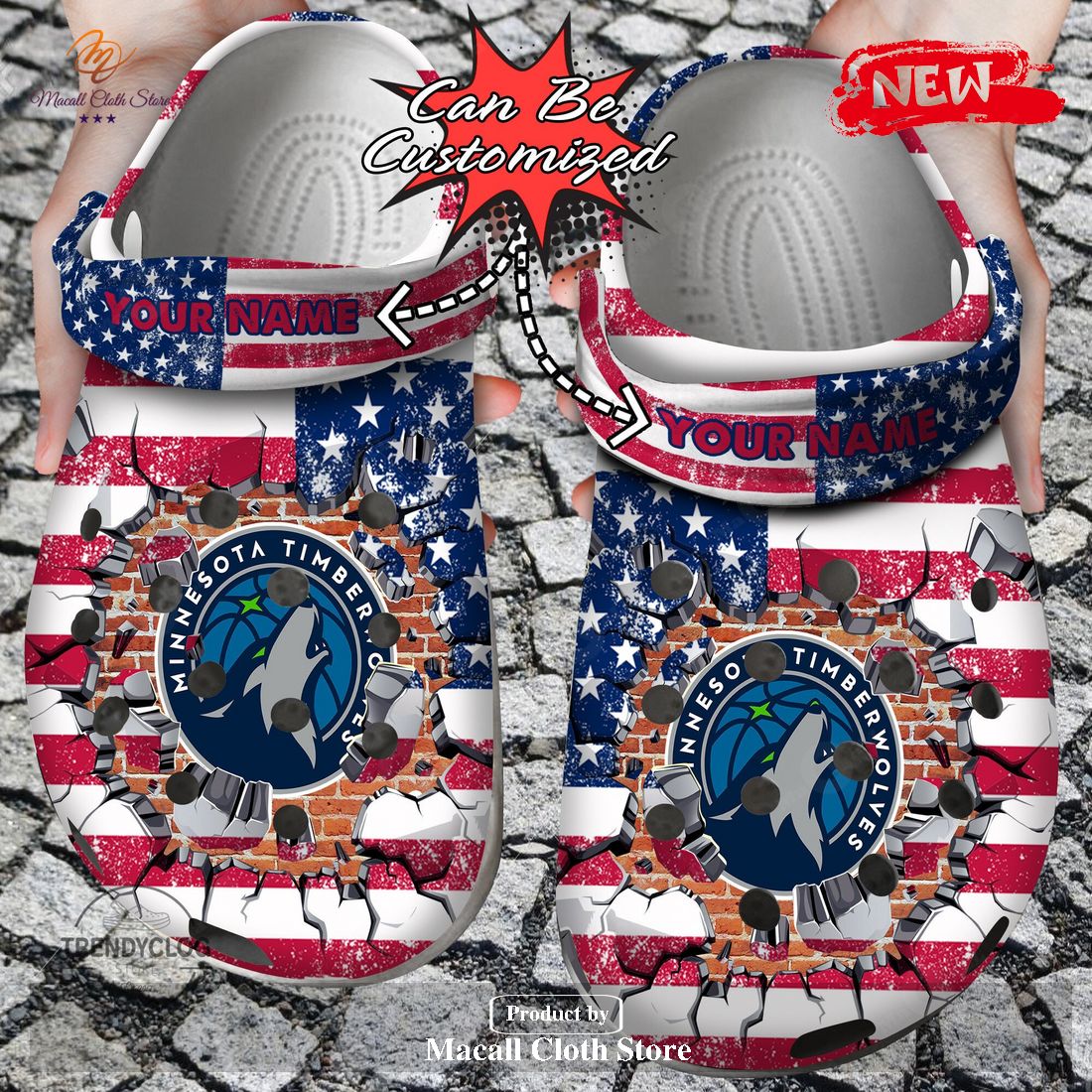 Personalized Name Basketball Crocs Mtimberwolves American Flag Breaking Wall Clog Shoes