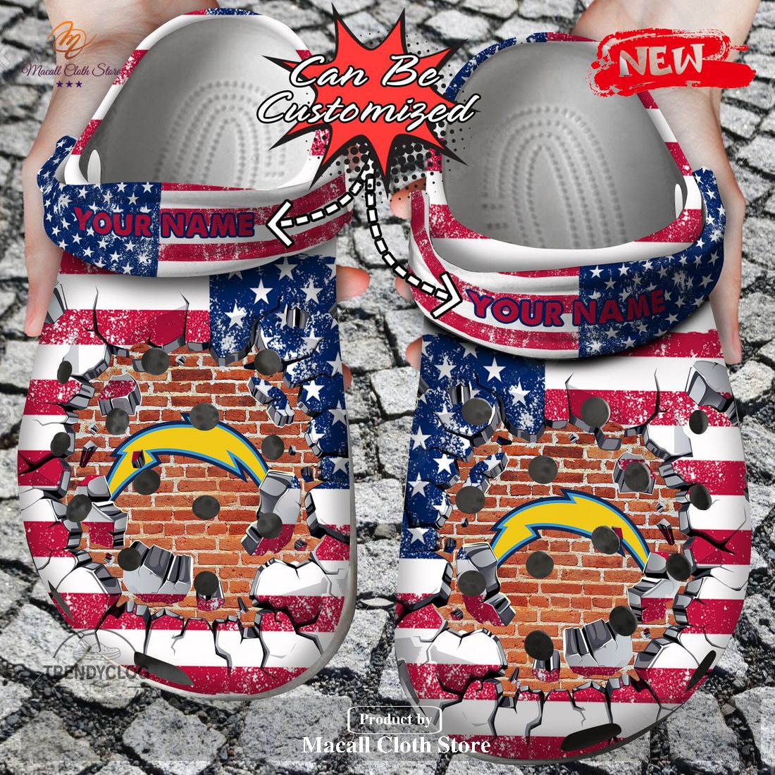 Personalized Name Football Crocs La Chargers American Flag Breaking Wall Clog Shoes Personalized Name Football Crocs La Chargers American Flag Breaking Wall Clog Shoes