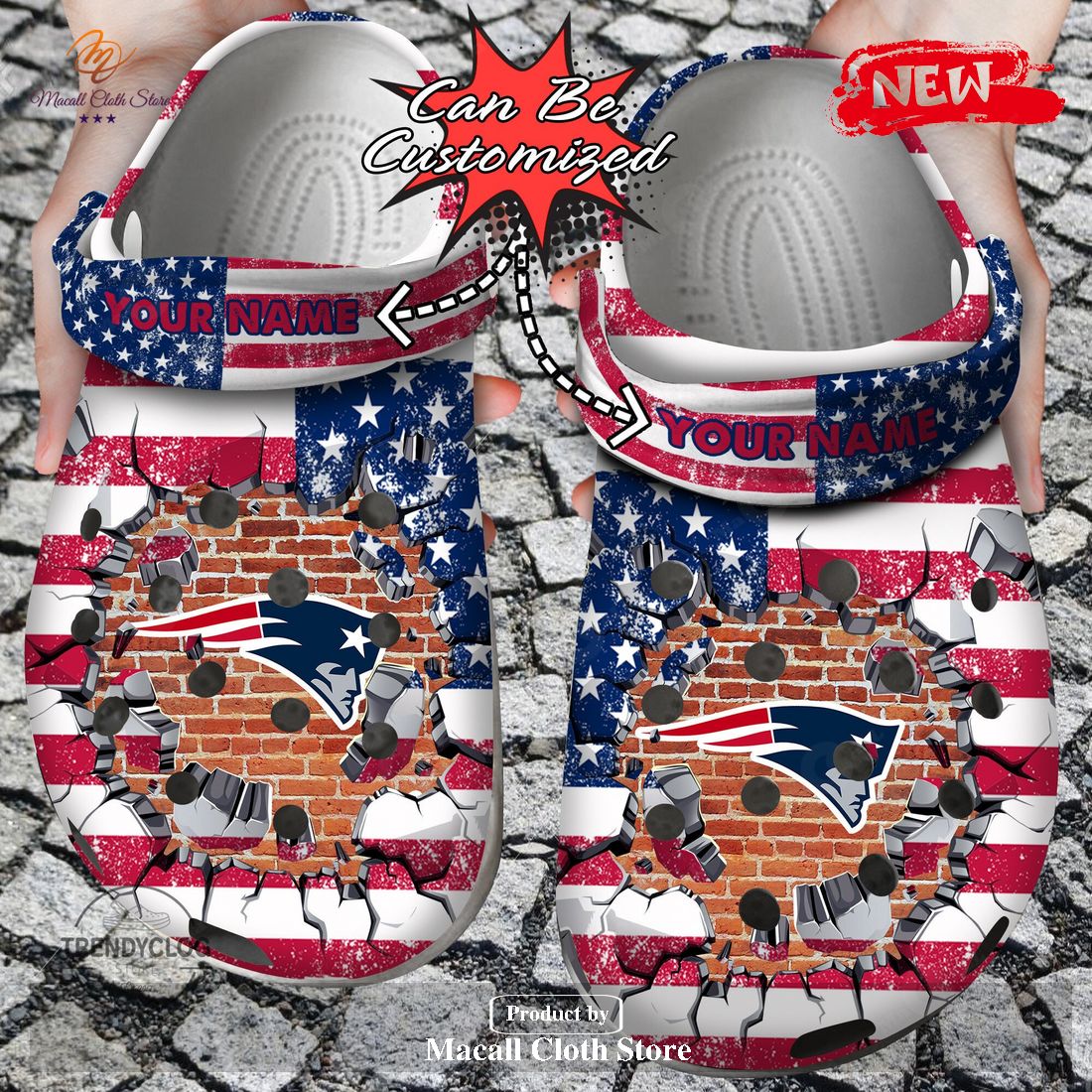 Personalized Name Football Crocs Ne Patriots American Flag Breaking Wall Clog Shoes Personalized Name Football Crocs Ne Patriots American Flag Breaking Wall Clog Shoes