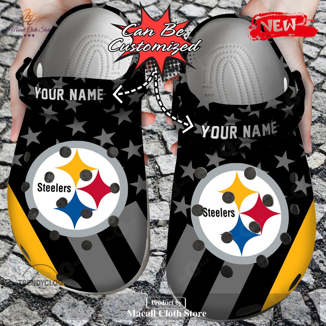 Personalized Name Football Crocs Psteelers Star Flag Clog Shoes