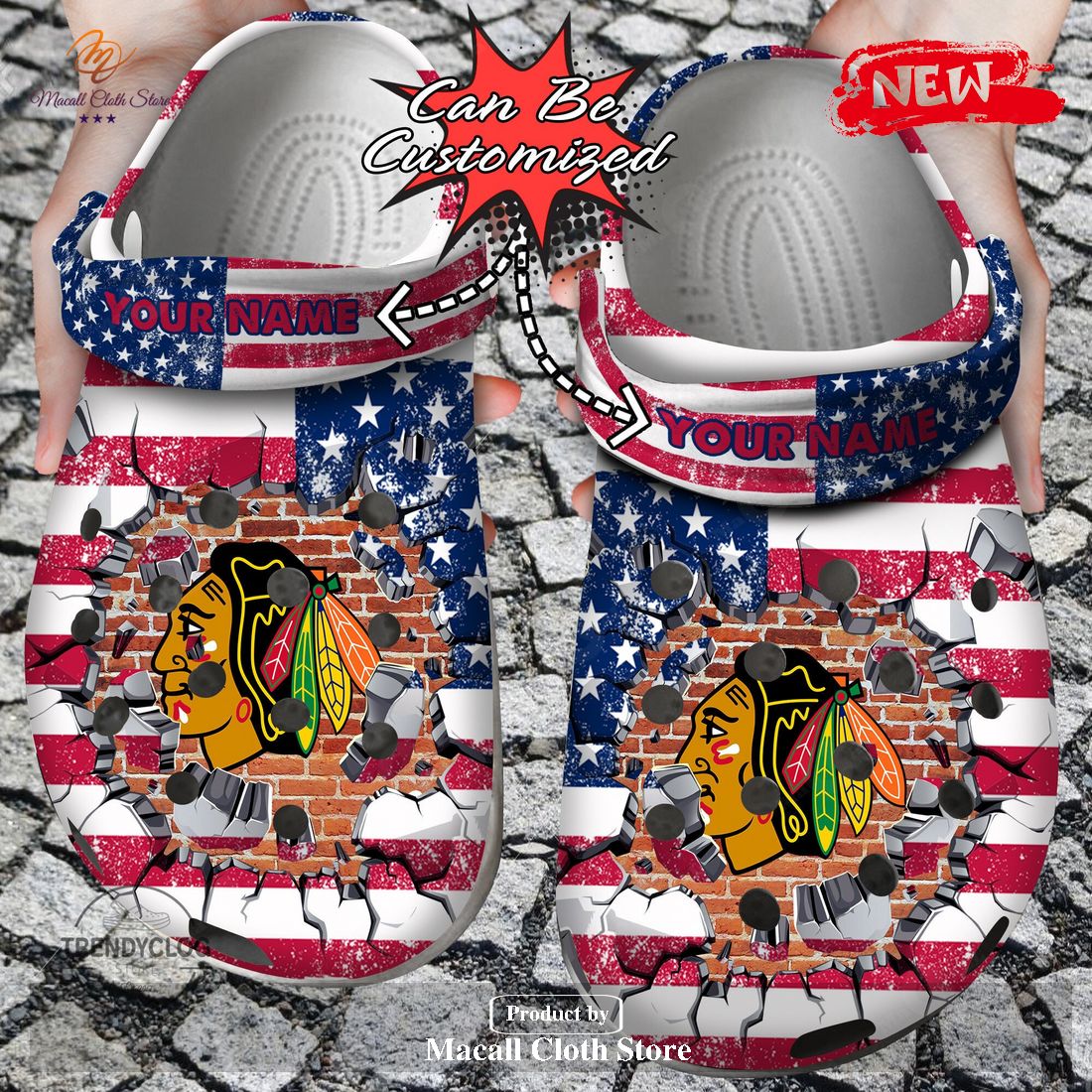 Personalized Name Hockey Crocs Cblackhawks American Flag Breaking Wall Clog Shoes