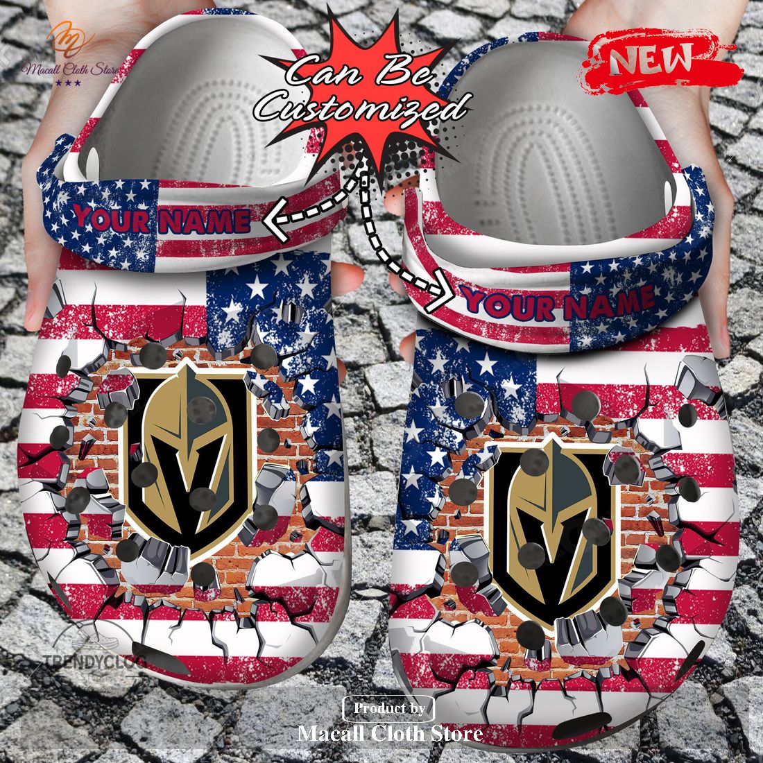Personalized Name Hockey Crocs Vgolden Knights American Flag Breaking Wall Clog Shoes