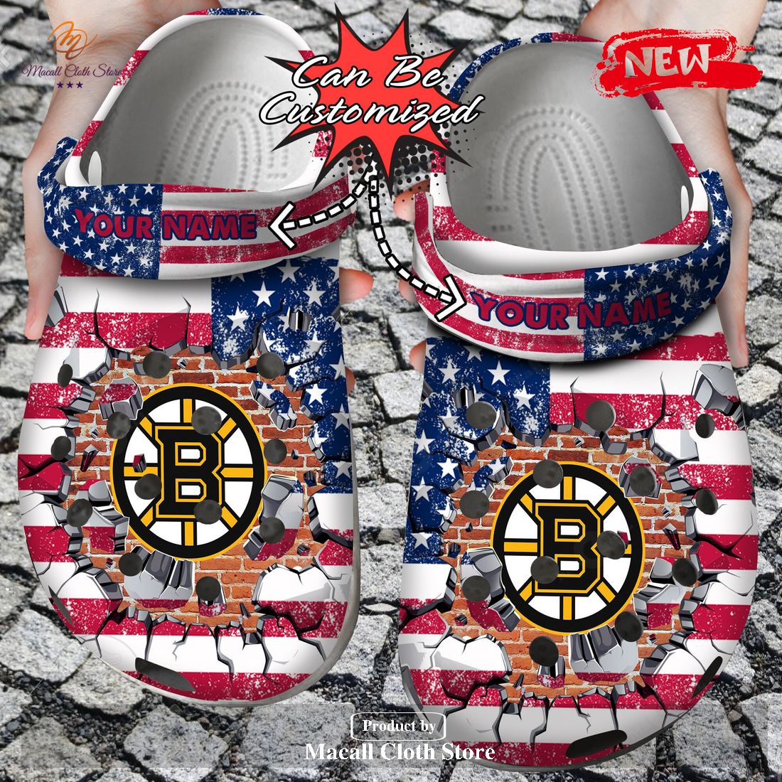 Personalized Name Logo Hockey Team American Flag Breaking Wall Crocs Clog Shoes
