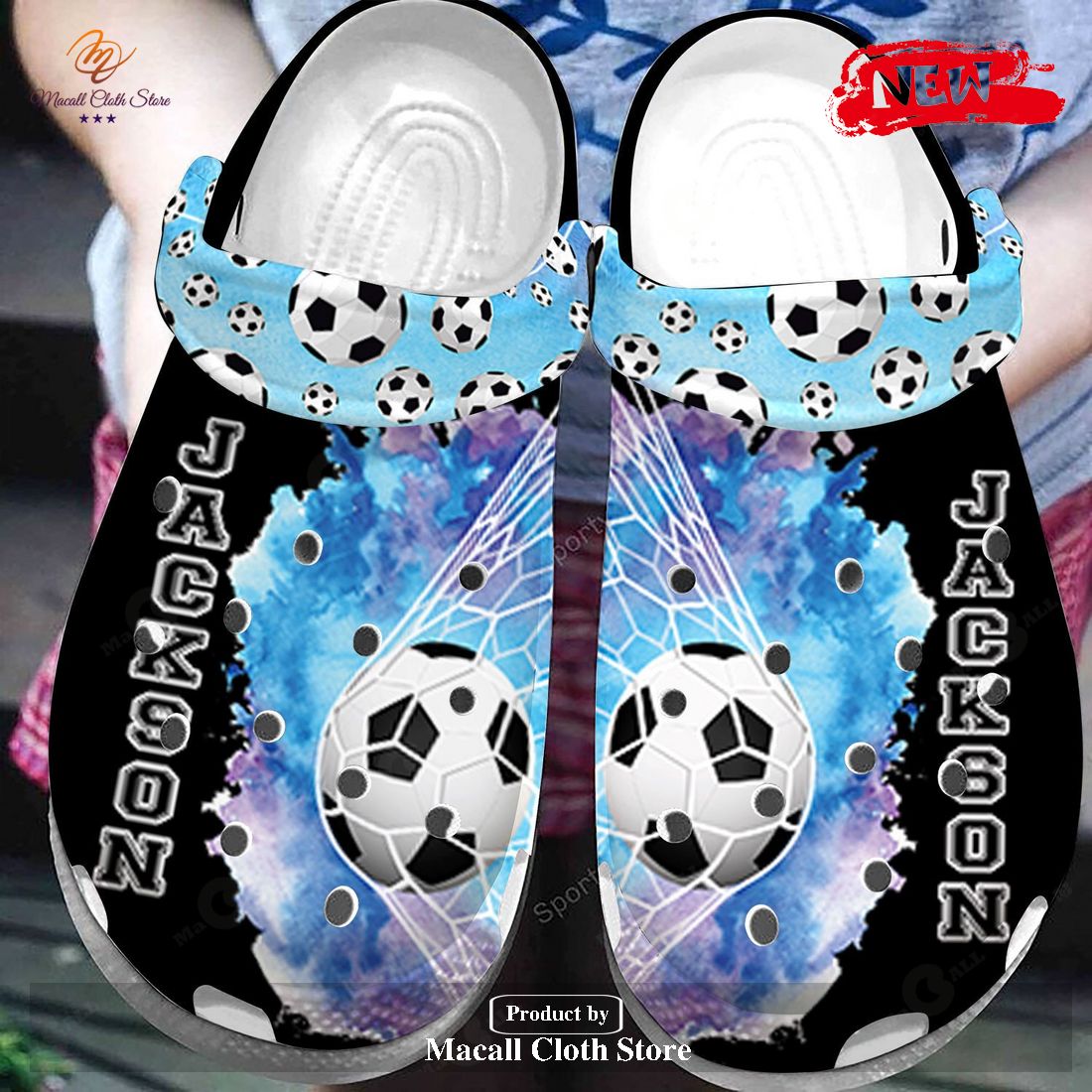 Personalized Name Soccer Ball In The Goal Net Black Blue Crocs Classic Clog Shoes Personalized Name Soccer Ball In The Goal Net Black Blue Crocs Classic Clog Shoes