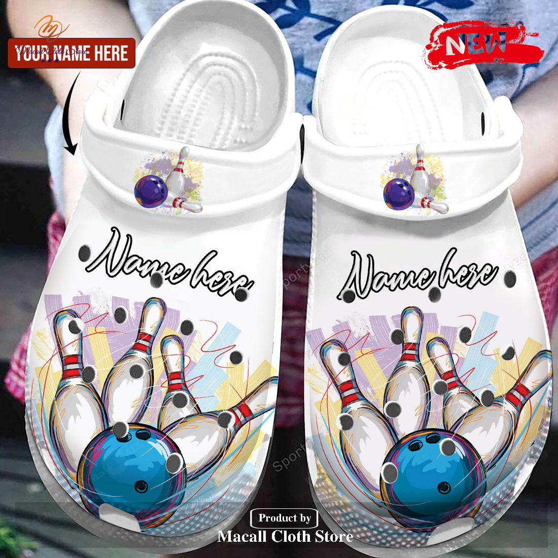 Personalized Name White Bowling Strike Crocs Classic Clog Shoes