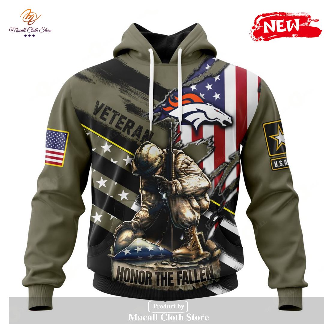 Personalized NFL Denver Broncos Honor Veterans Kneeling Soldier Design Hoodie Sweatshirt 3D