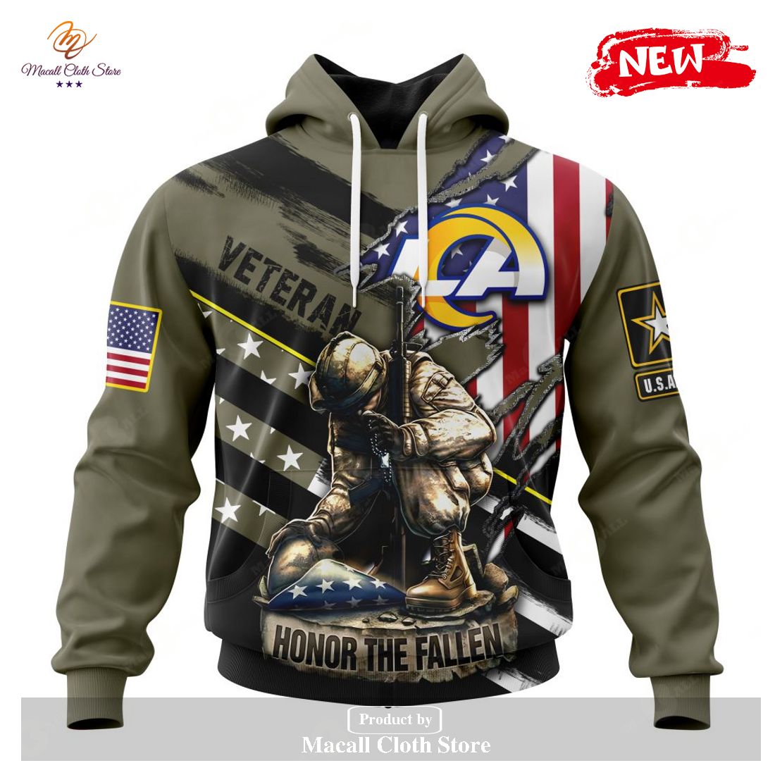 Personalized NFL Los Angeles Rams Honor Veterans Kneeling Soldier Design Hoodie Sweatshirt 3D