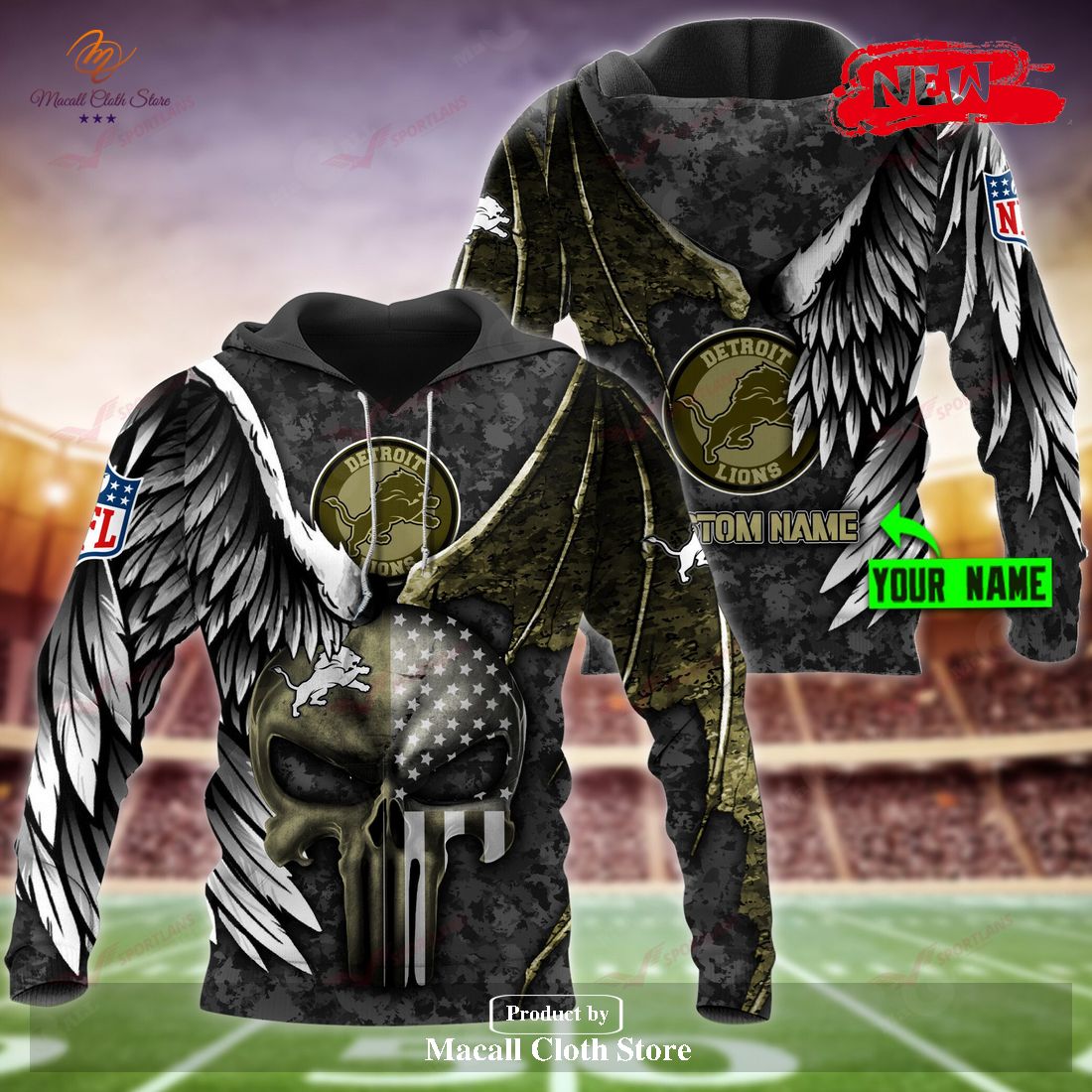 Detroit Lions NFL Personalized Name Luxury Eagle Skull Design Hoodie Sweatshirt 3D