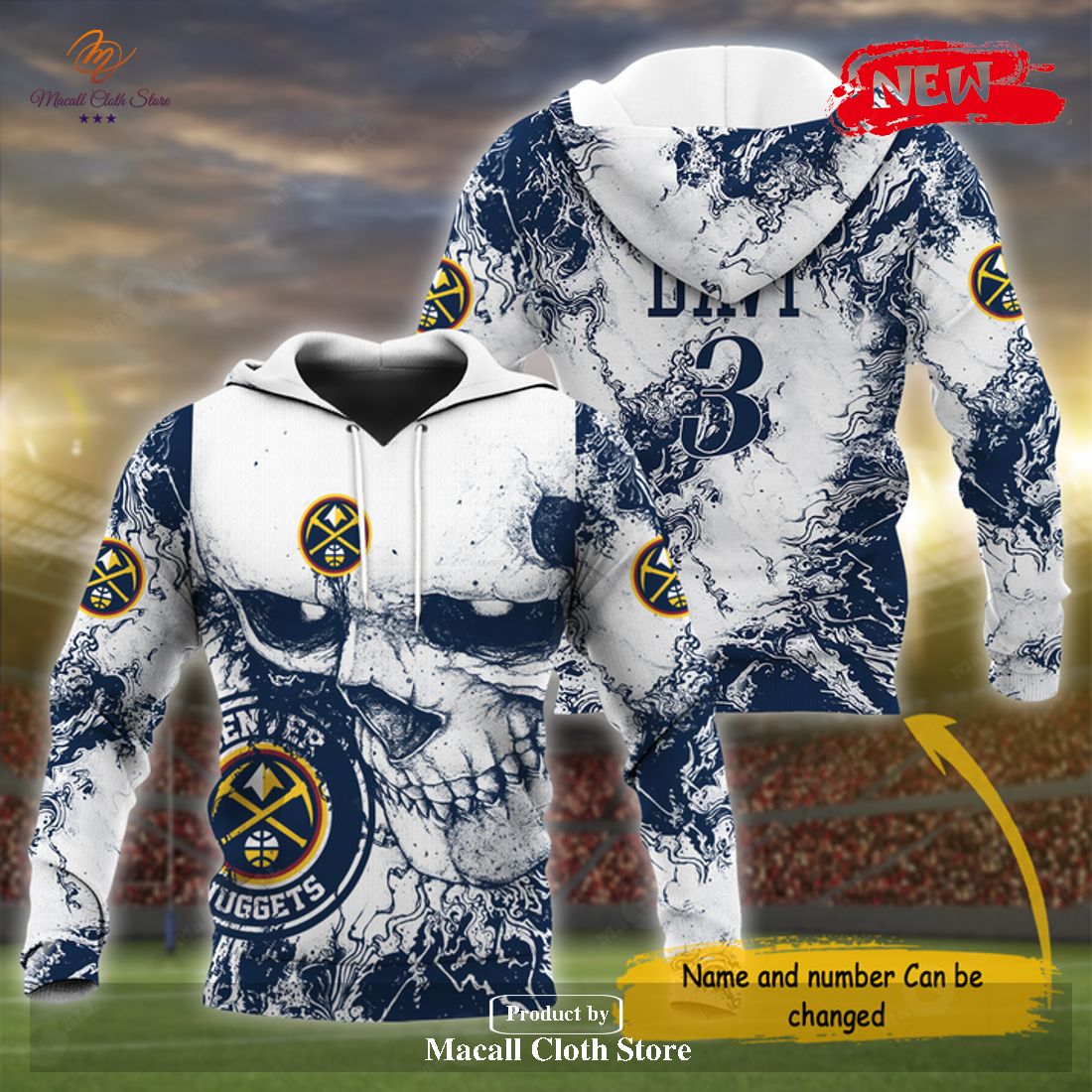 Personalized Name NBA Denver Nuggets Basketball Team Skull Design Hoodie Sweatshirt 3D Personalized Name NBA Denver Nuggets Basketball Team Skull Design Hoodie Sweatshirt 3D