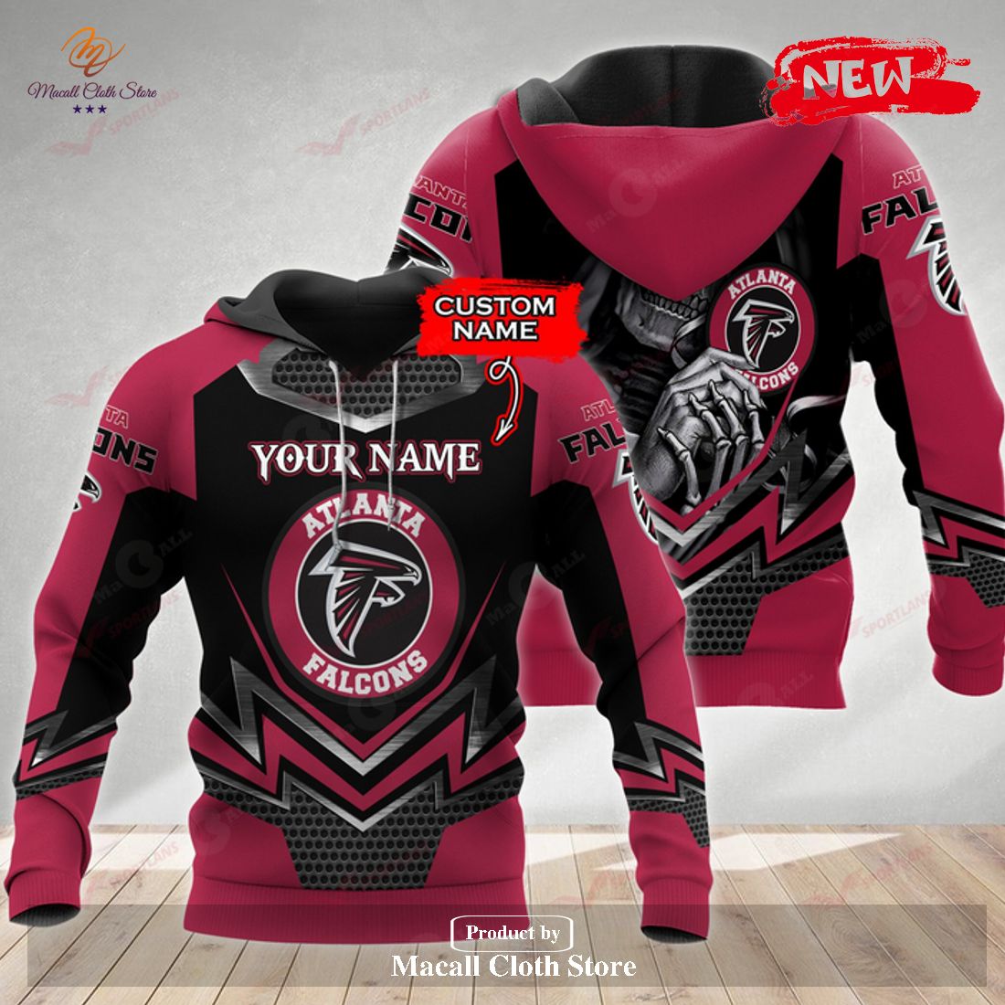 Personalized Name NFL Atlanta Falcons 3D Skull Design Hoodie Sweatshirt 3D