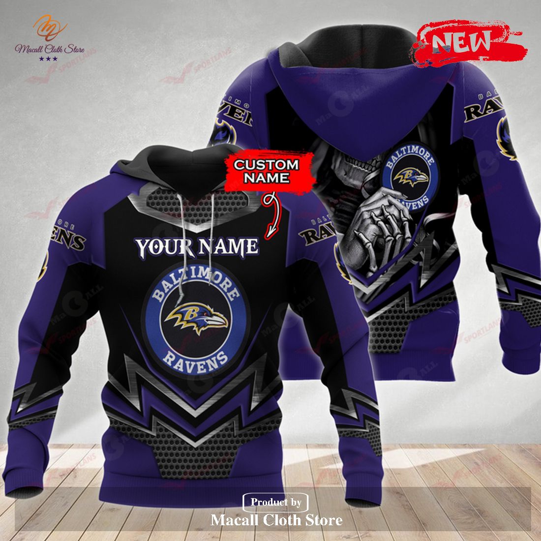 Personalized Name NFL Baltimore Ravens 3D Skull Design Hoodie Sweatshirt 3D