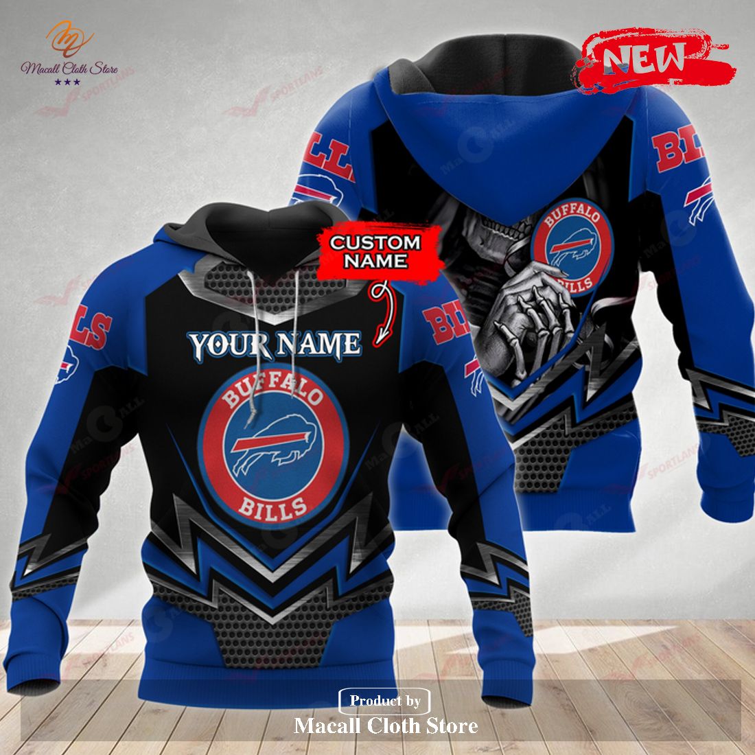 Personalized Name NFL Buffalo Bills 3D Skull Design Hoodie Sweatshirt 3D