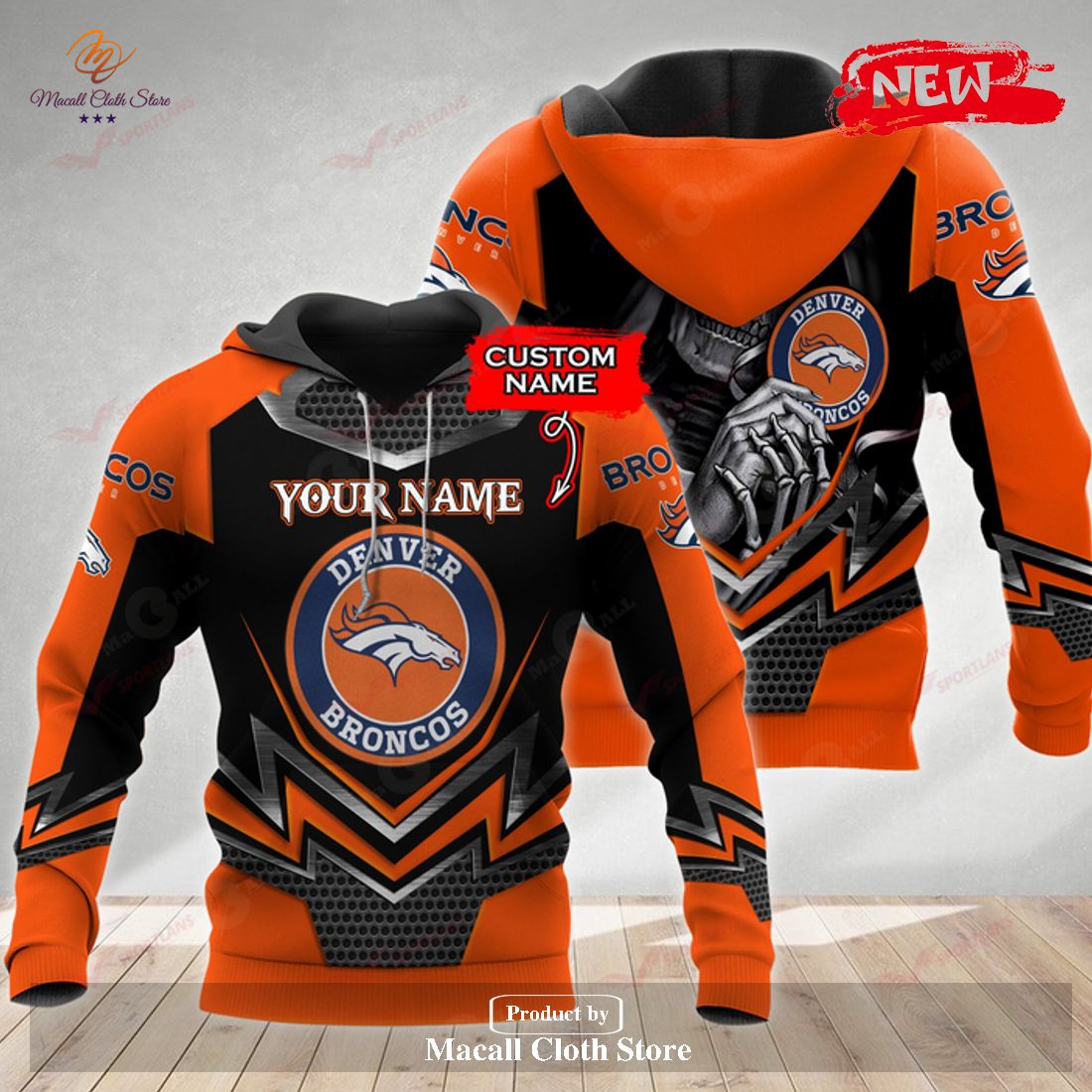 Personalized Name NFL Denver Broncos 3D Skull Design Hoodie Sweatshirt 3D