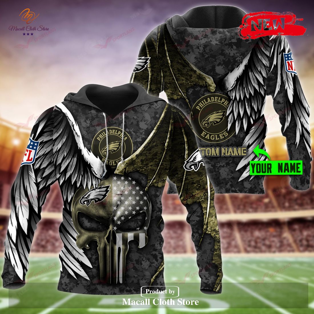 Personalized Name Skull Pattern Philadelphia Eagles 3D Hoodie For Fans