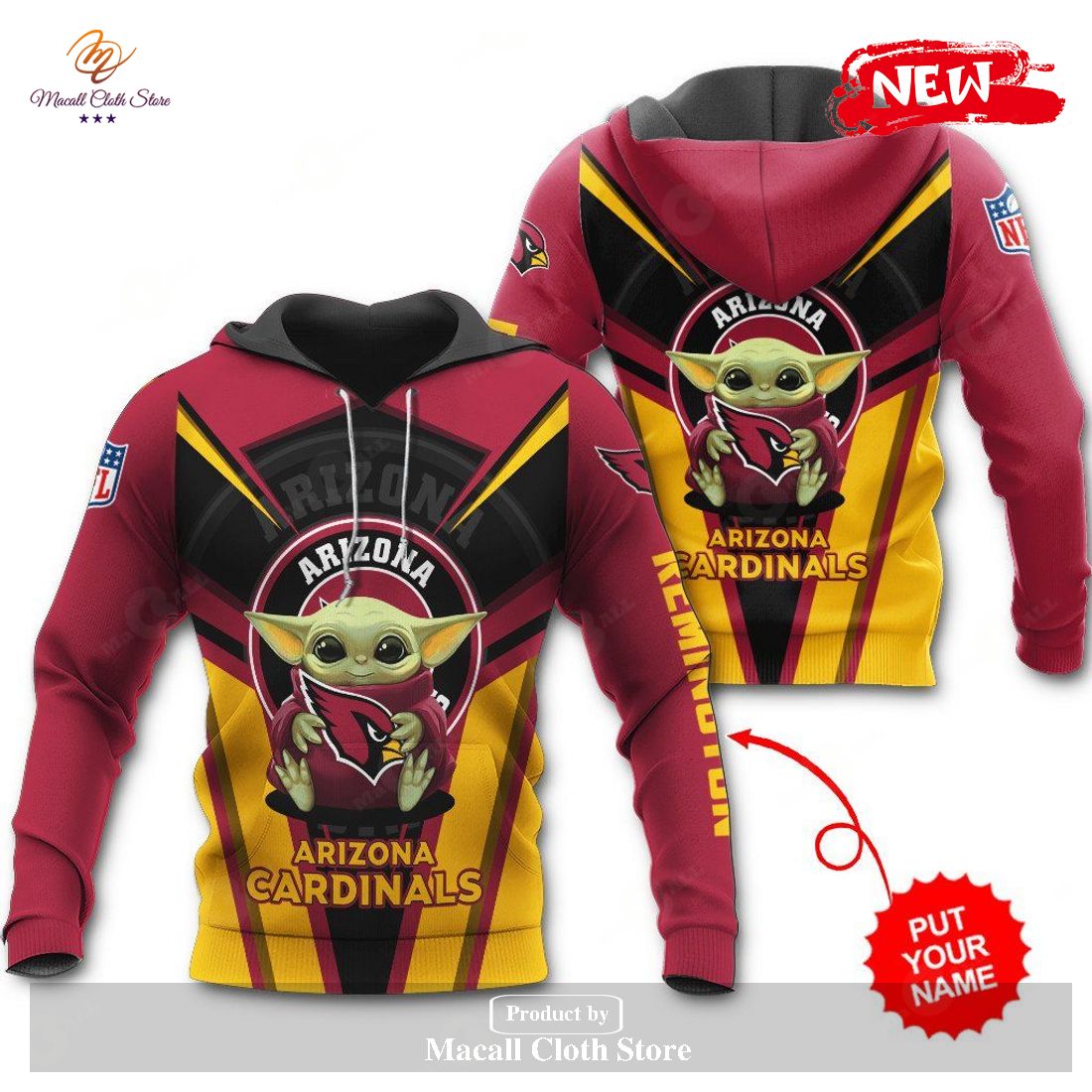 Personalized Name Arizona Cardinals NFL New Baby Yoda Sports Hoodie Sweatshirt 3D